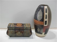14" Plaster Vase & Metal Trinket Box Pictured
