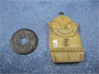 Asian Carved Bone Pendant & Coin Pictured