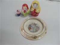 Three Ceramic Nesting Dolls & 8" Ceramic Dish