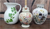 3pcs pottery - pitcher, ginger jar, & vase