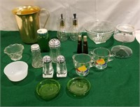 Mixed glassware, salt and pepper shakers, oil and