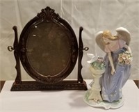 Swivel picture frame, porcelain angels figurine,