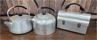 2 Aluminum tea kettles and lunch box