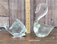 2 glass paperweights - fish & swan