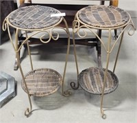 PAIR OF BROWN WIRE & WICKER PLANT STANDS