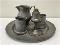 Early Pewter Charger, Pitcher, Tankards & Lamp
