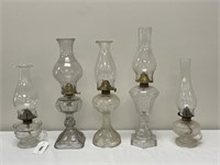 5 Pressed Glass Antique Oil Lamps