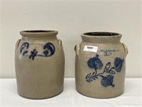 2 Decorated Stoneware Double Eared Crocks