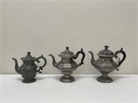 3 Antique Pewter Tea Pots