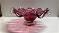 LARGE CRANBERRY GLASS BOWL 9' WIDE 4.5' HIGH