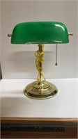 BRASS BANKERS LAMP WITH GREEN GLASS SHADE 13.5' HI