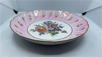 Vintage Limoges Pink Floral Gold Trim Bowl 10" Dia