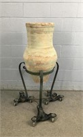 Large Clay Urn On Wrought Iron Stand