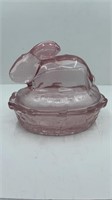 Pink Glass Bunny Covered Trinket Dish 5.5" X 5"
