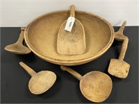 Wooden Bowl, 5 Butter Paddles & Wooden Scoop
