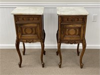 Pair of Oak Marble Top End Stands