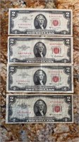 Lot Of 4 - $2 Red Seal Us Notes