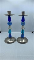 Pair Of Metal And Blue Glass Candle Sticks 10" Hig