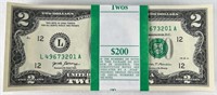 LOT OF 100 NEW CONSECUTIVE $2 DOLLAR BILLS