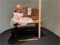WOODEN CHILD BENCH, VINTAGE DOLL (MUSICAL)