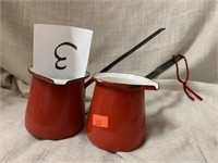 2 RED ENAMEL WARE SMALL SAUCE SERVERS