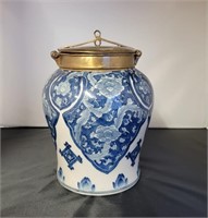 Tozia Blue and White Asian Ginger Jar w/Brass Lid