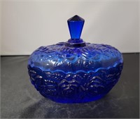 Cobalt Blue Covered Dish - Rose Design