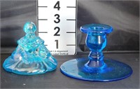 Blue Candlestick Holder/ Victorian Powder Box Lid