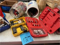 Boxes, drill bits, hardware, etc