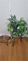 2 metal plant stands & 1 silk plant in a basket.