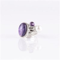 Set of Silver Charoite, Pearl & Amethyst Ring-SZ