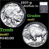 1937-p Buffalo Nickel 5c Graded ms67 By SEGS