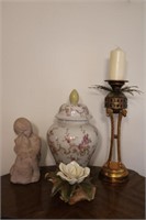 Lot w/Ginger Jar, Porcelain Flower, & Candle Stick