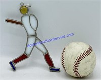 Stained Glass Baseball Player and Baseball With
