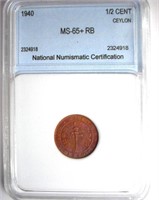 1940 1/2 Cent NNC MS-65+ RB Ceylon