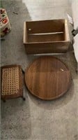Wooden turn table , vintage stool, and box crate.