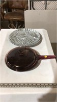 Glass cooking pan, silver spinning relish dish,