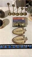 Vintage items, candle sticks, handsets fish ash