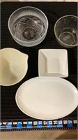 Assorted glass ware, platter, measuring bowl, 2