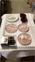 Vintage historic plates, vintage pans vue lighted