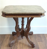 Vtg Victorian Mable Top Walnut Lamp Table