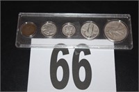 Five Coins; 1905 Cent, 1927 Quarter, 1936 Nickel