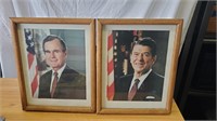 Framed prints of Ronald regan and George Bush-