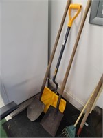 Three shovels including snow shovel