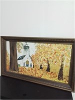 Large framed oil painting Church in Fall Tree