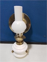 Milk glass oil lamp with reflector 9 in tall