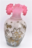 Victorian Satin Glass Mantel Vase Ruffled Rim