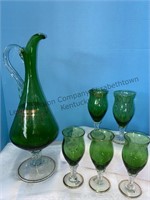 Mid century green art glass pitcher and five