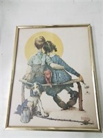 Norman Rockwell print boy and girl on bench with