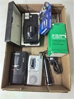 Flat of vintage cameras and other electronic items